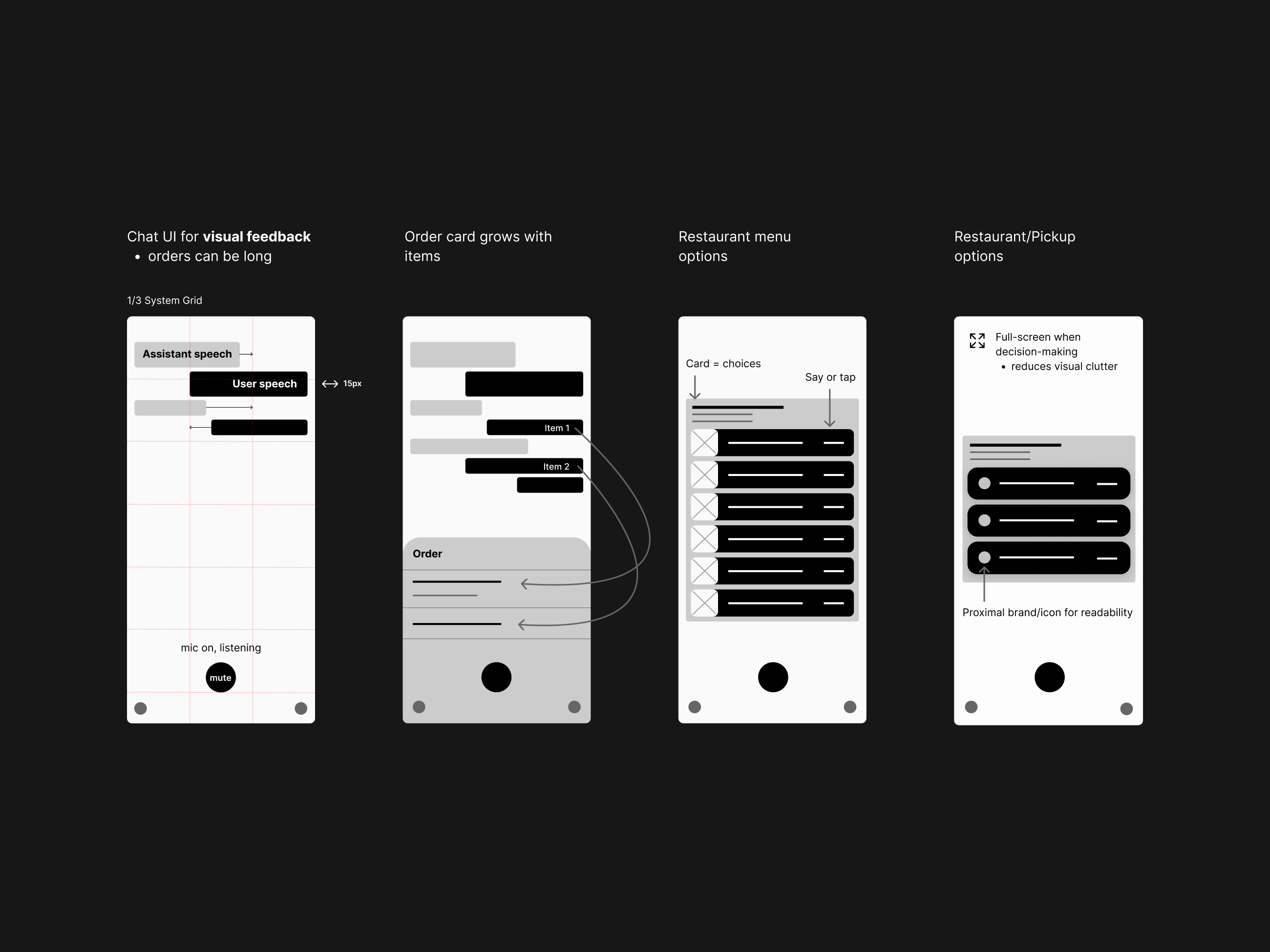 Early wireframes mapping the voice-ordering flow